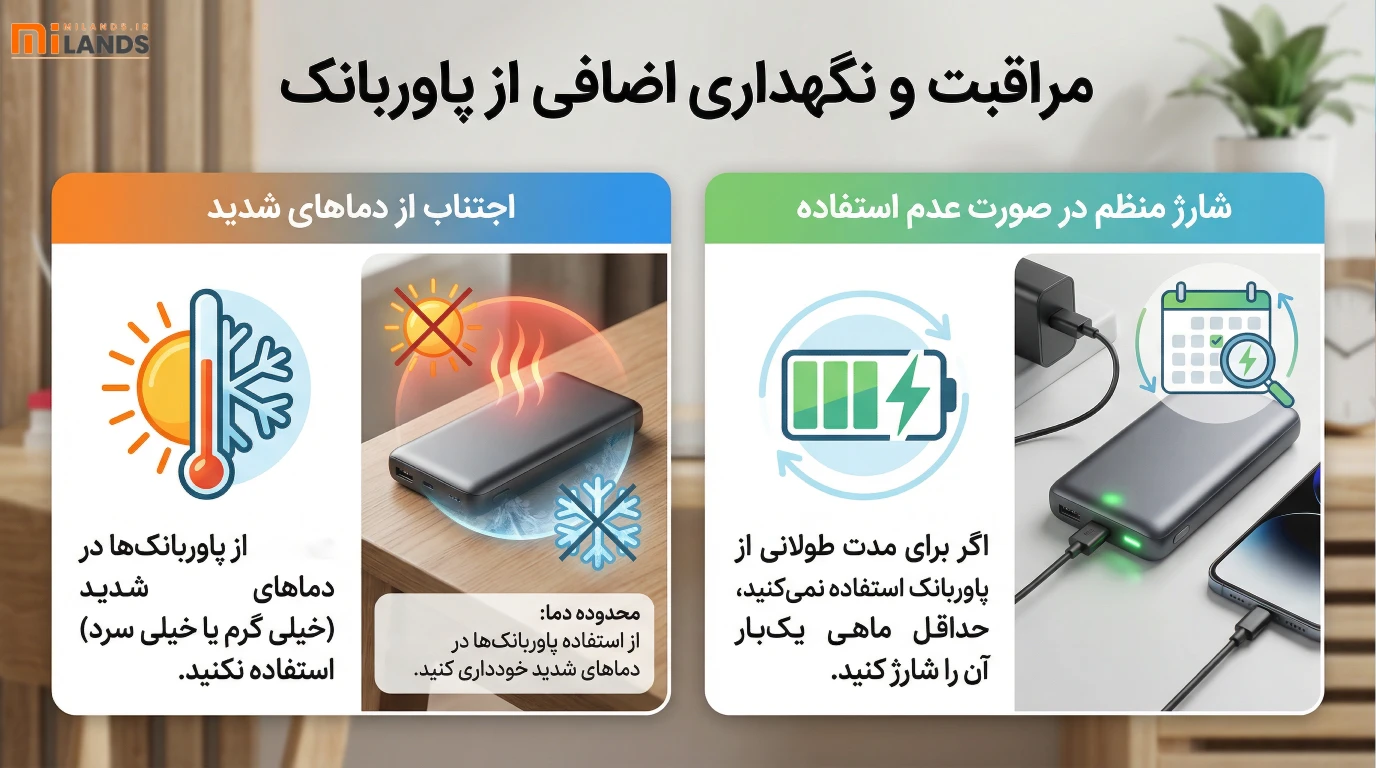 Power Bank Care Longevity & Efficiency – MiLands (3) نکات اضافی برای نگهداری پاوربانکها