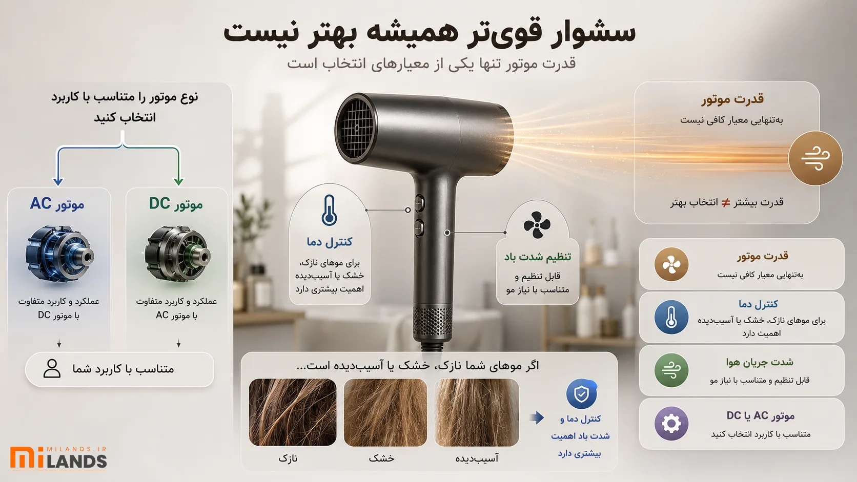 ۷. تصور اینکه سشوار قوی‌تر همیشه انتخاب بهتری است